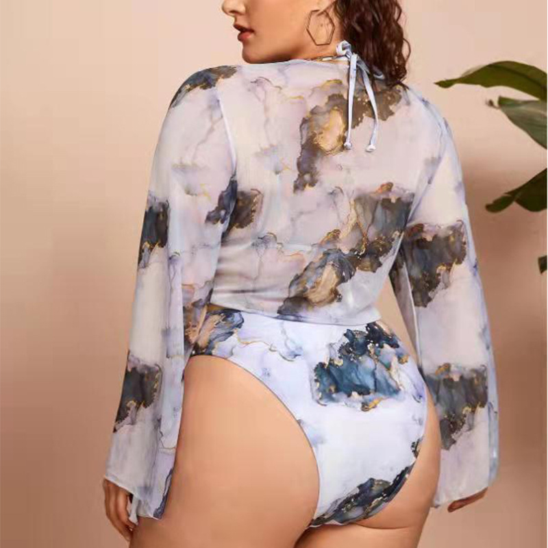 2022 Sexy Woman Three Piece Tie Dye Floral Print Bikinis Plus Size Sheer Mesh Long Sleeve Bikini Cover Up Triangle Swimwear Sets