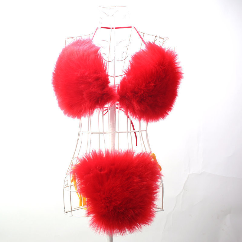 Fashion Show Sexy Girls Extreme Two Piece Halter Neck Genuine Animal Fox Fur String Thong Lingerie Bikini Set Swimwear For Women