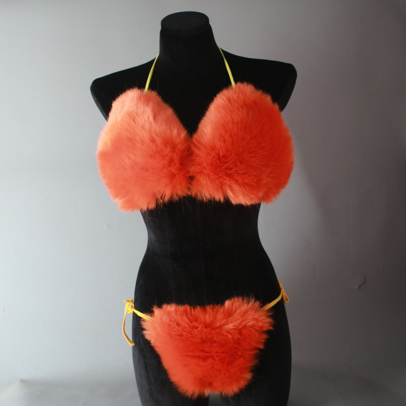 Fashion Show Sexy Girls Extreme Two Piece Halter Neck Genuine Animal Fox Fur String Thong Lingerie Bikini Set Swimwear For Women