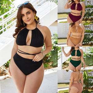 Sexy Women 2 Piece High Cut Nude Black Models Micro Plus Size Backless Hollow Out Tummy Control Bikini Swimwear For Fat Women