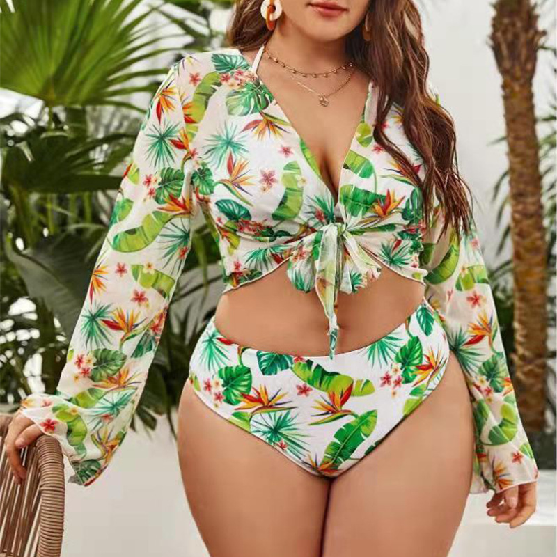 2022 Sexy Woman Three Piece Tie Dye Floral Print Bikinis Plus Size Sheer Mesh Long Sleeve Bikini Cover Up Triangle Swimwear Sets