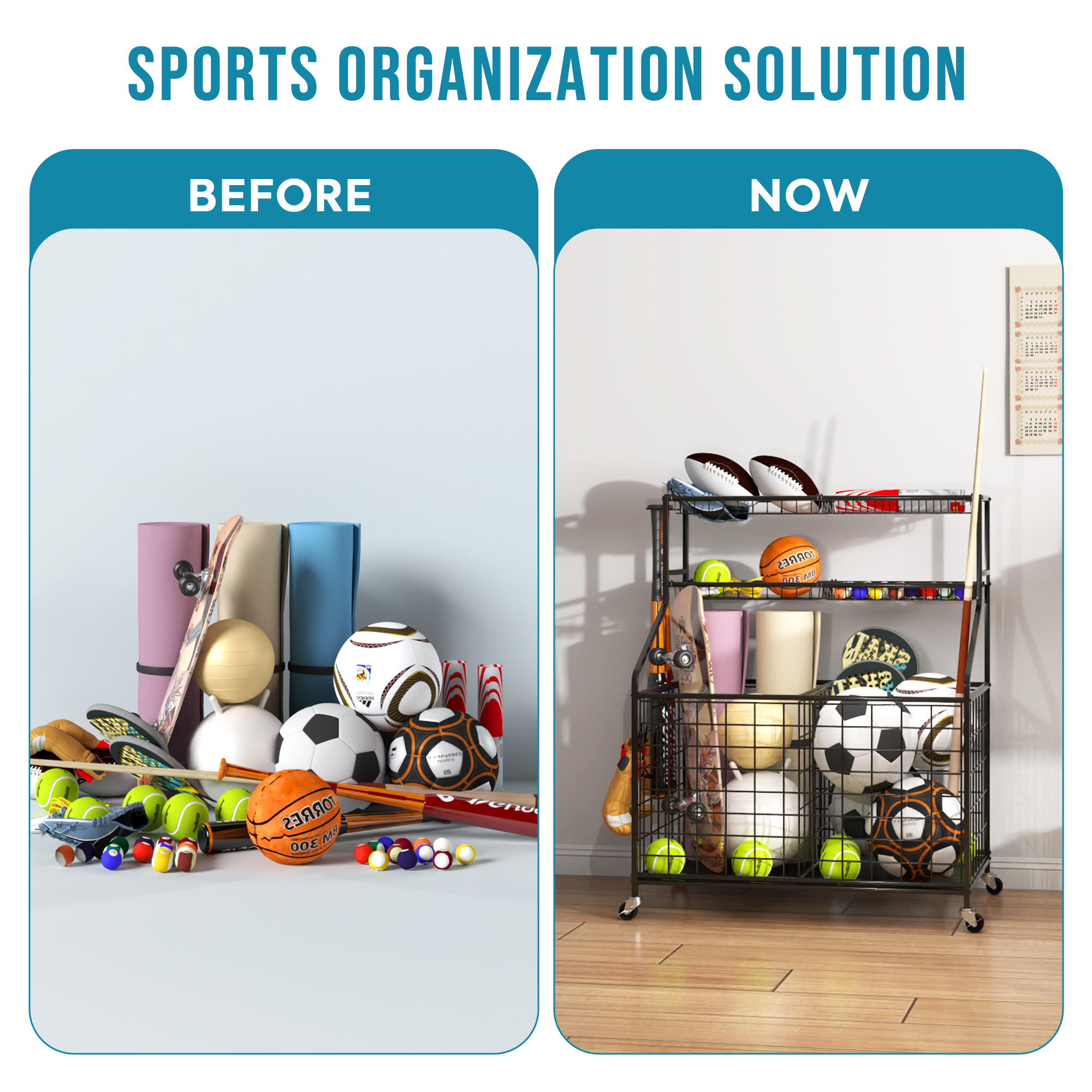 Balls Storage Organizer Sports Equipments Storage Rack for Ball  Storage Cart