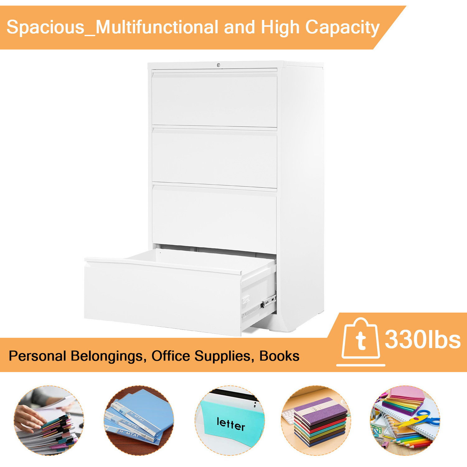 Metal  4 lockable drawer quickly assemble lateral file storage cabinet for office