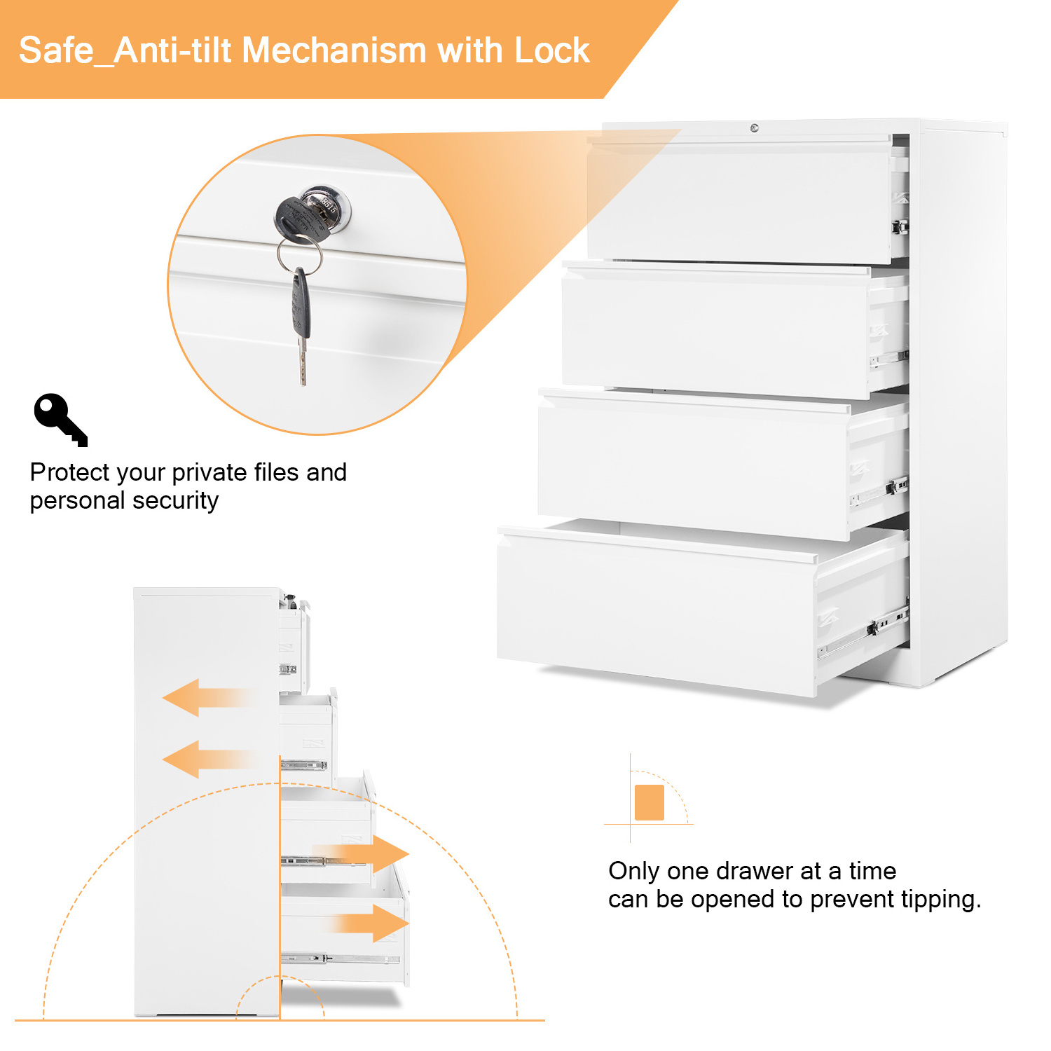 Metal  4 lockable drawer quickly assemble lateral file storage cabinet for office