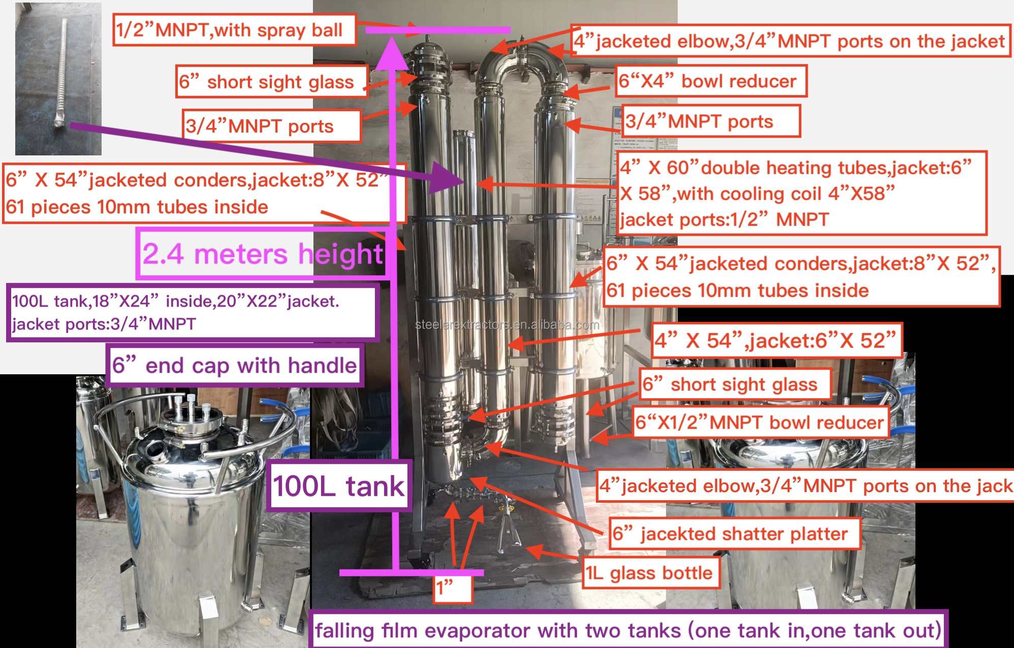 200L/hr SS304 Falling Film Evaporator with glass bottle