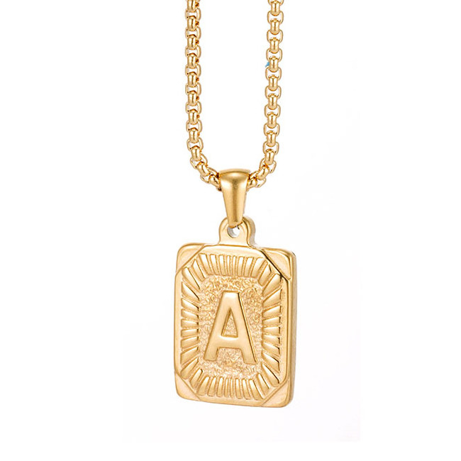 Fashion women mens recycled Stainless Steel jewelry 18k gold plated letter necklace Square engraved letter A~Z initial Necklace