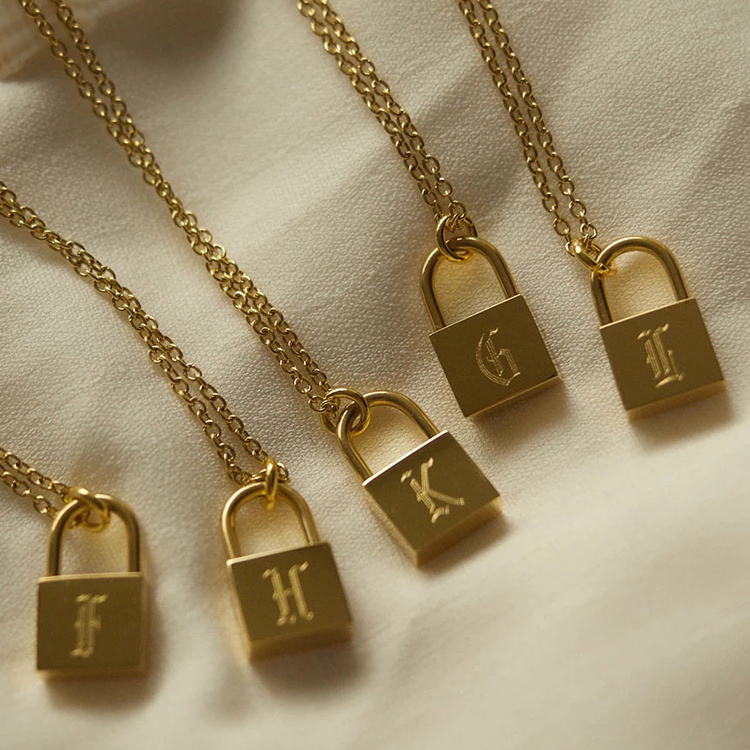 Custom Padlock Necklace Custom Stainless Steel Chain With Lock Engraved Old English A~Z Initial Letter Necklace