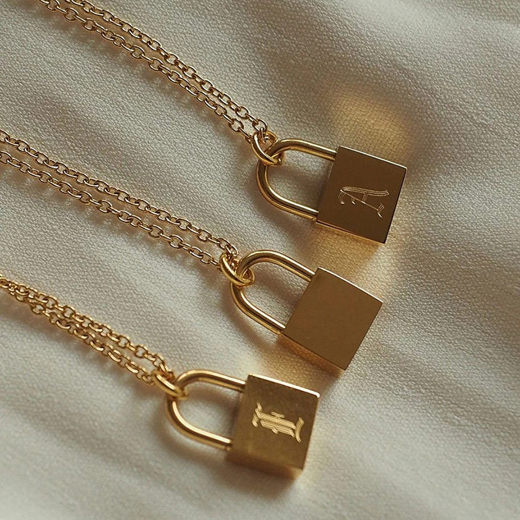 Custom Padlock Necklace Custom Stainless Steel Chain With Lock Engraved Old English A~Z Initial Letter Necklace