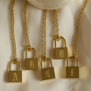 Custom Padlock Necklace Custom Stainless Steel Chain With Lock Engraved Old English A~Z Initial Letter Necklace