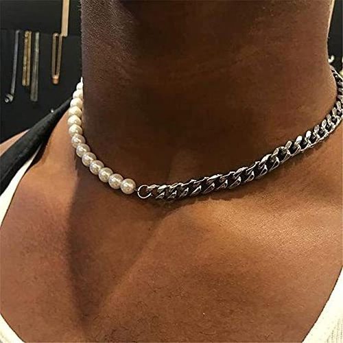 Wholesale custom minimalist tarnish free mens jewelry stainless steel half chain half real freshwater mens pearl necklace