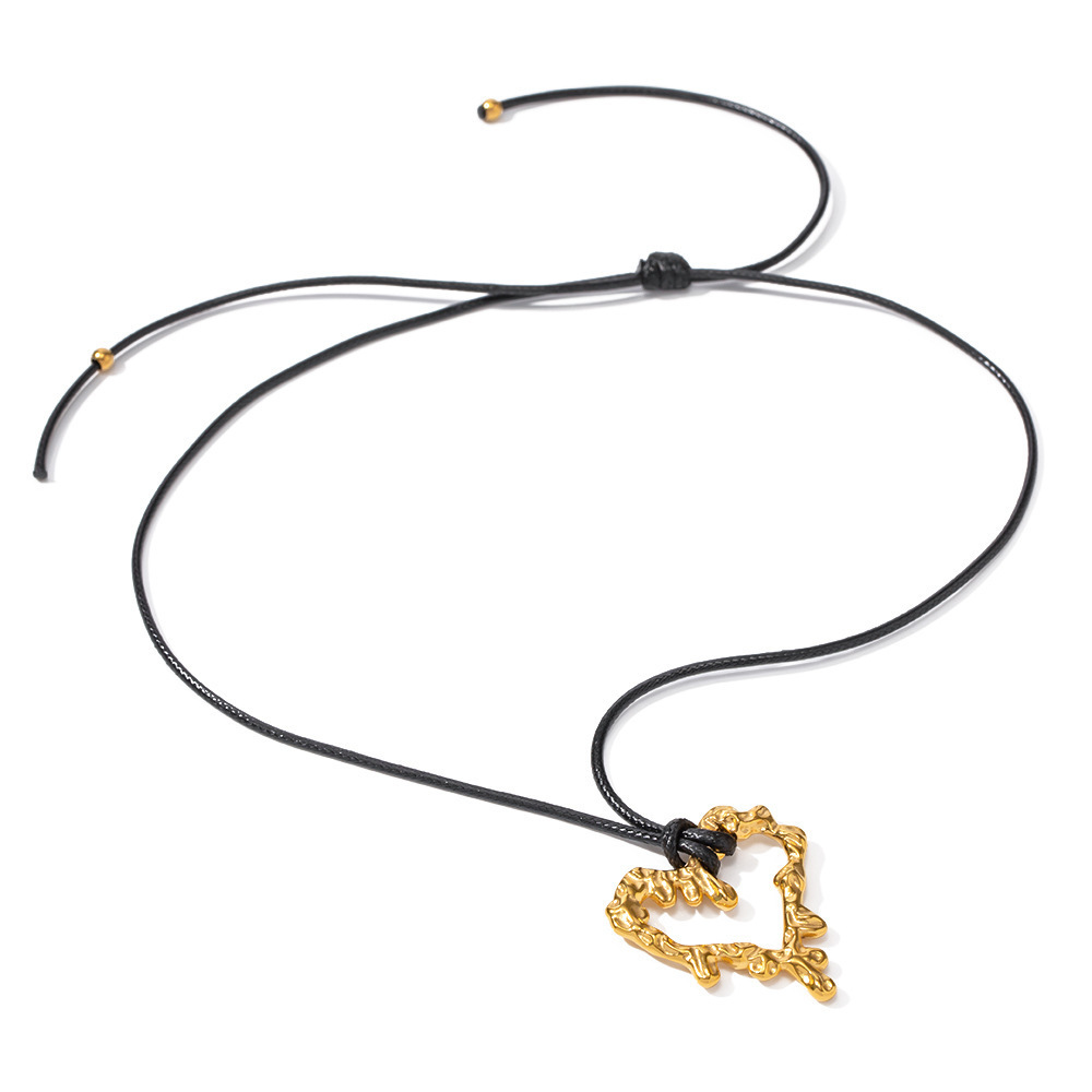 Fashion tarnish free jewelry 18k gold plated stainless steel jewelry gold heart necklace black waxed rope choker necklace