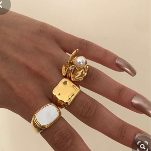 INS trendy waterproof boho shell jewelry non tarnish stainless steel rings chunky gold ring wide signet ring jewelry