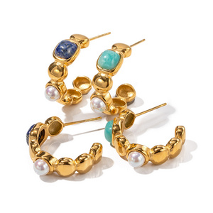 Wholesale boho jewelry 18k gold plated earrings stainless steel jewelry natural stone pearl  turquoise stud earrings