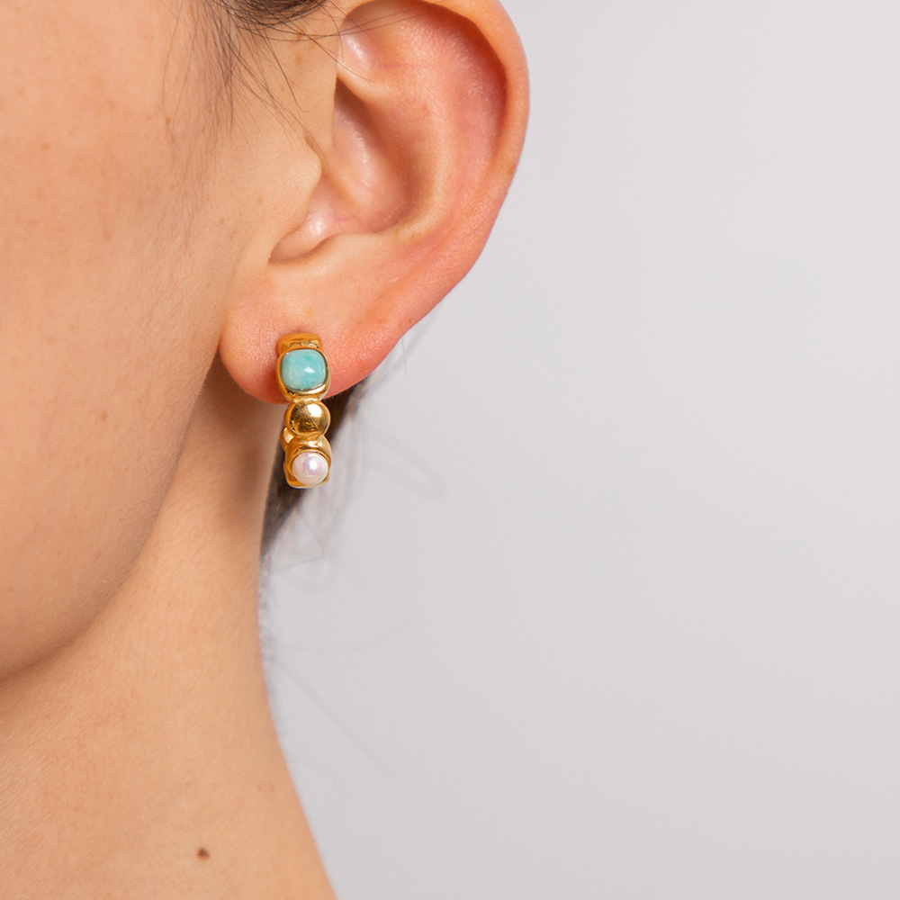 Wholesale boho jewelry 18k gold plated earrings stainless steel jewelry natural stone pearl  turquoise stud earrings