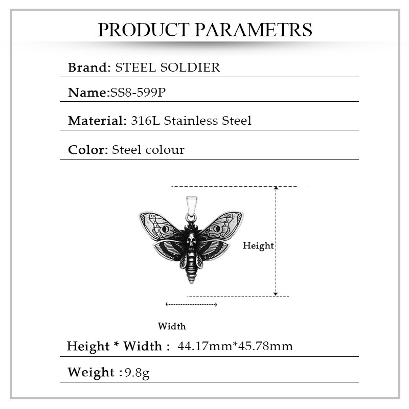 SS8-599P Wholesale Death Head Skull Butterfly Moth Pendant Necklace For Man Stainless Steel Punk Good Detail Animal Jewelry