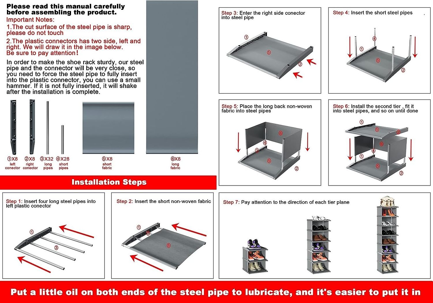 Shoe Rack 8 Tiers DIY Narrow Stckable Free Standing Shoes Storage Tall Organizer Vertical Small Entryway Hallway Shelf