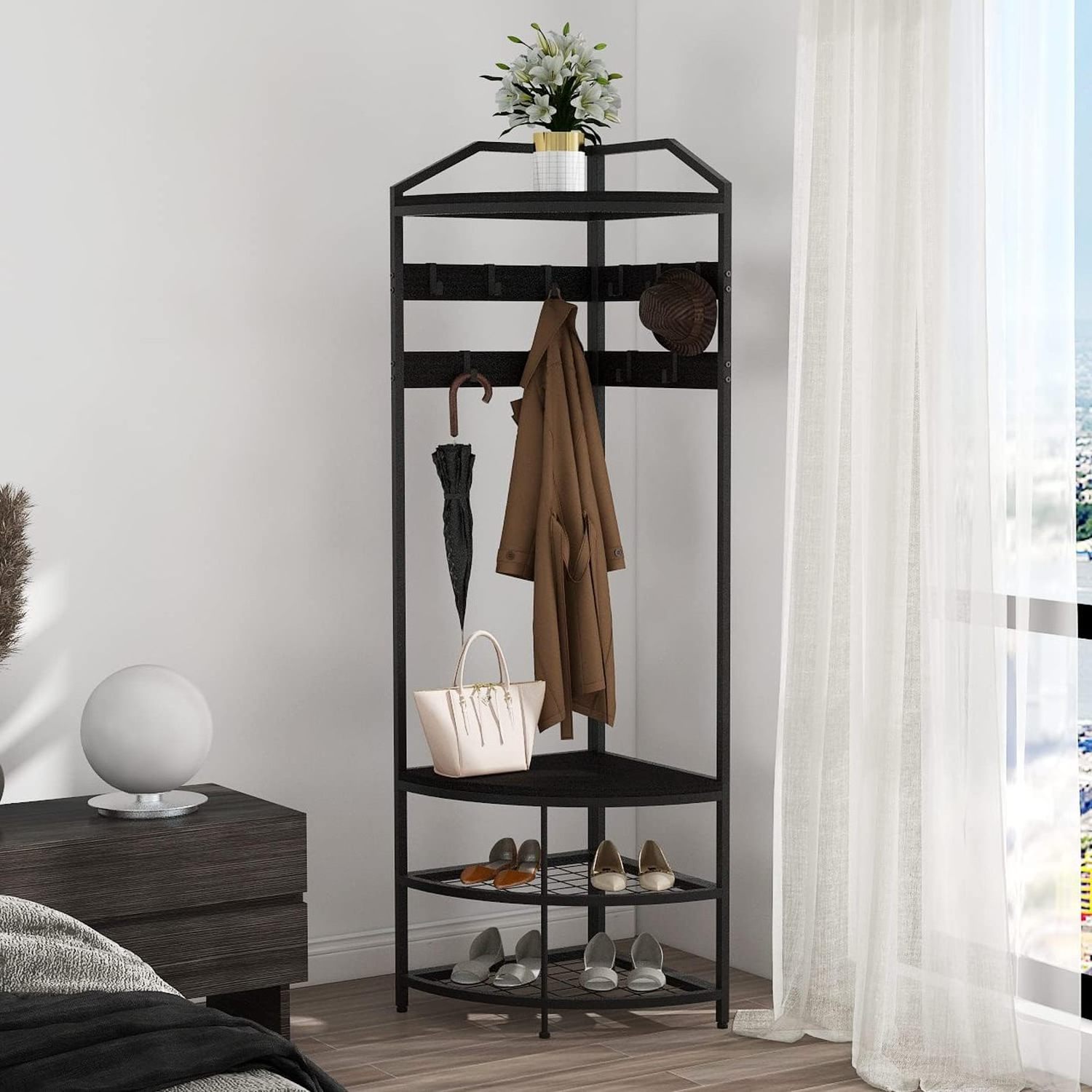 Modern Black Entryway Corner Hall Tree with Shoe Bench Entryway Coat Rack with 10 Metal Movable Hooks