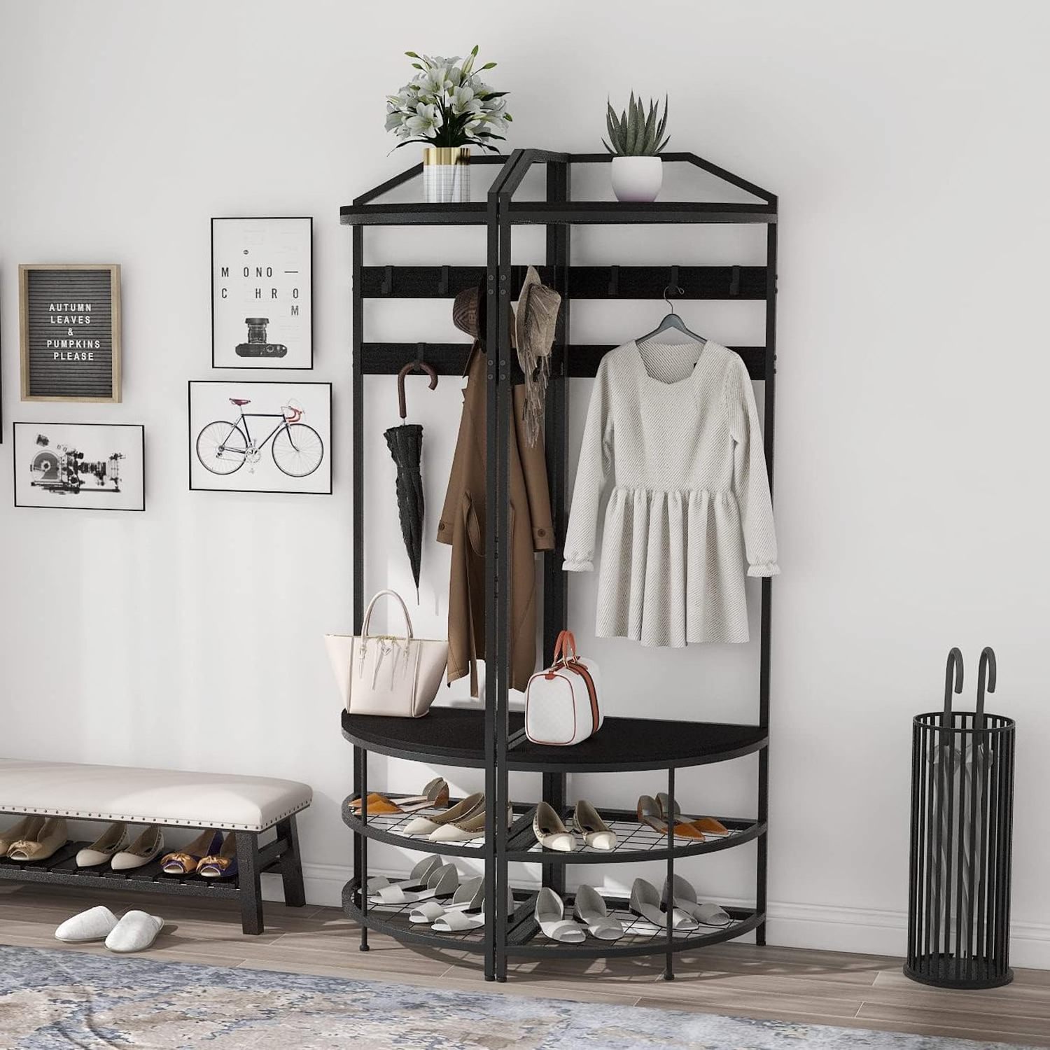 Modern Black Entryway Corner Hall Tree with Shoe Bench Entryway Coat Rack with 10 Metal Movable Hooks