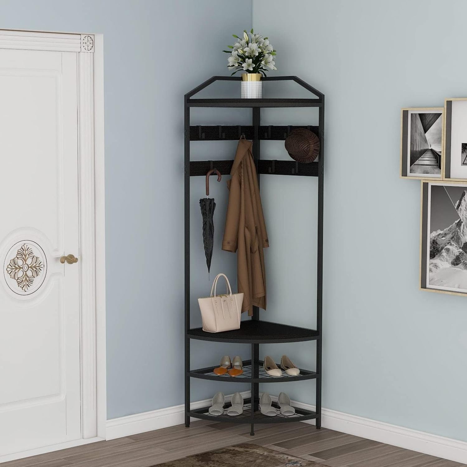 Modern Black Entryway Corner Hall Tree with Shoe Bench Entryway Coat Rack with 10 Metal Movable Hooks