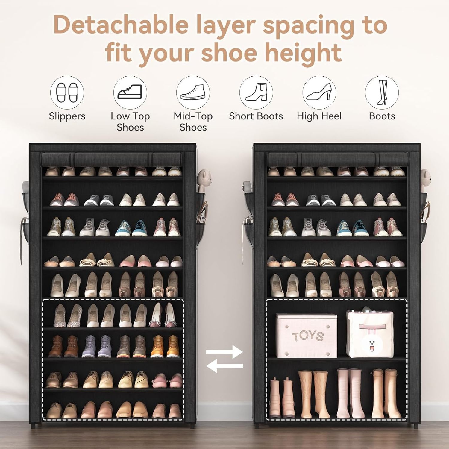 Shoe Rack with Covers - 10 Tiers Tall Shoe Rack Organizer Large Capacity Shoe Shelf Storage 40 Pairs Sp