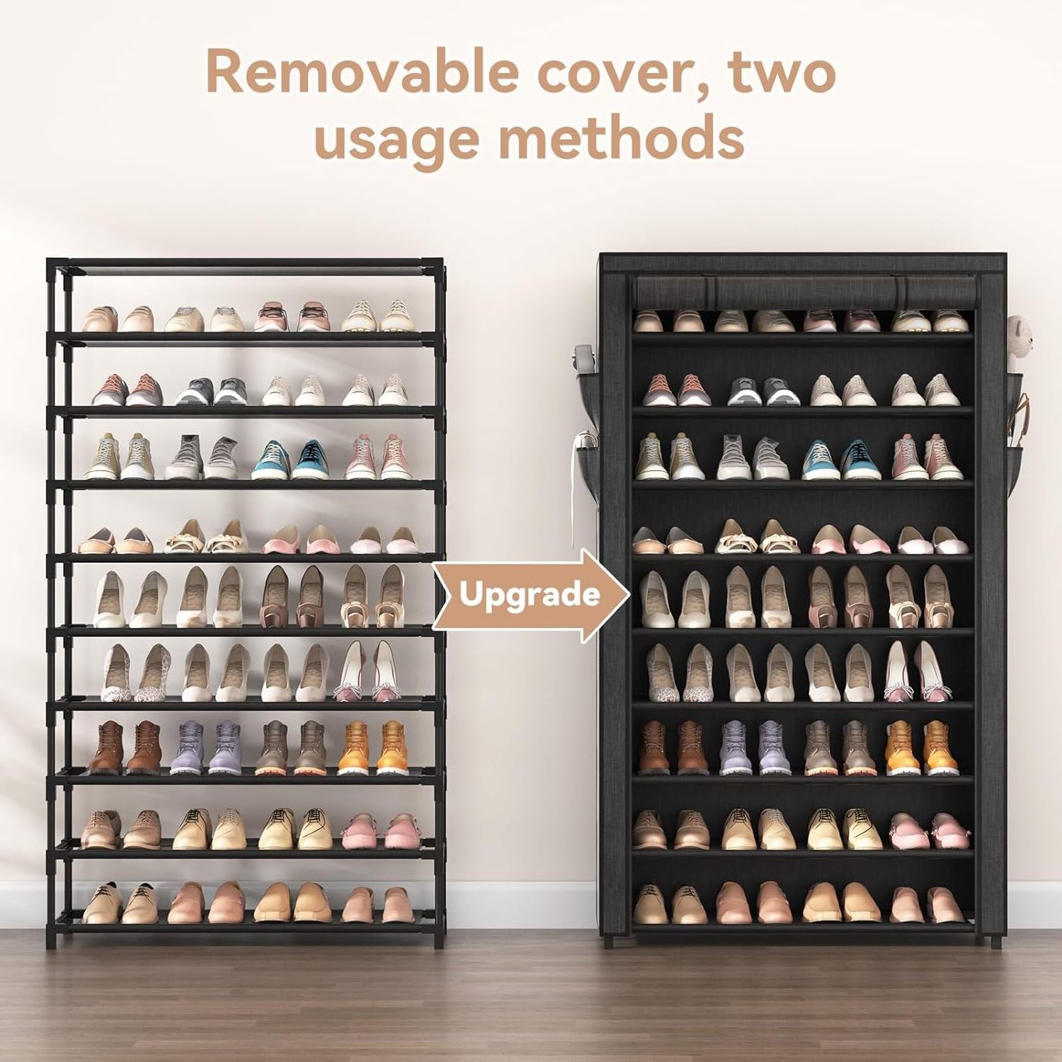 Shoe Rack with Covers - 10 Tiers Tall Shoe Rack Organizer Large Capacity Shoe Shelf Storage 40 Pairs Sp