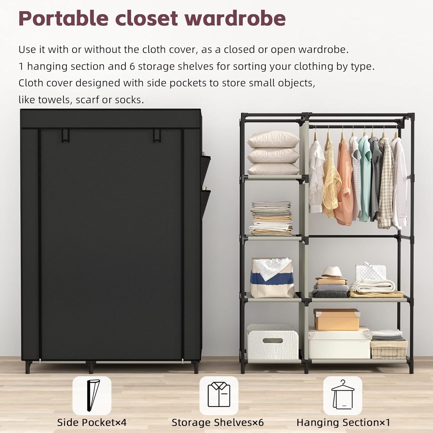 Portable Closet Organizers, Clothing Storage, Wardrobe with 6 Shelves and Hanging