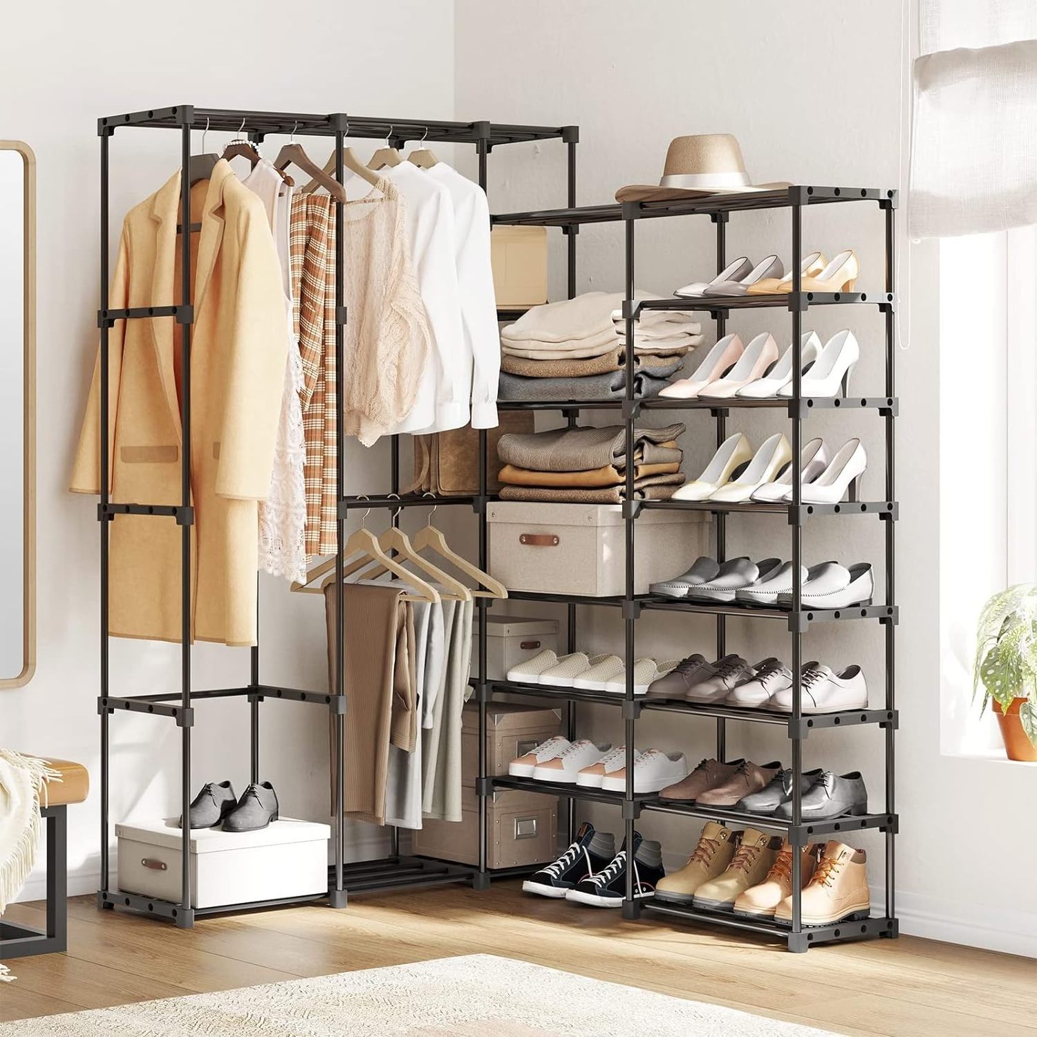 Portable Closet Wardrobe Clothes Rack with Shelves Freestanding Closet Organizer with Shoe Rack for Hanging Clothes