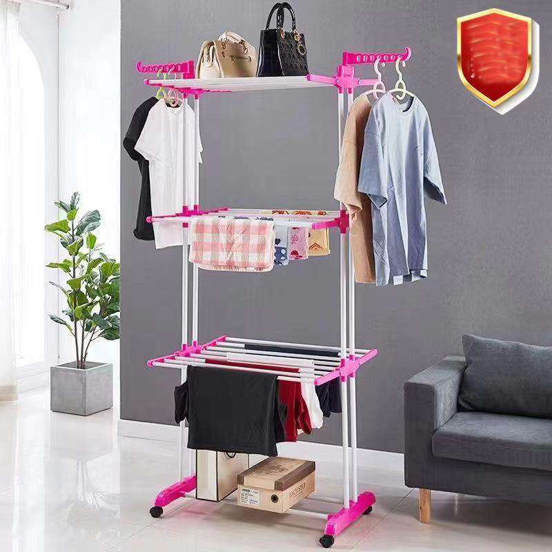 New Product 3 Tier Rolling Dryer Clothes Hanger Collapsible Garment Laundry Rack With Foldable Wings And Casters