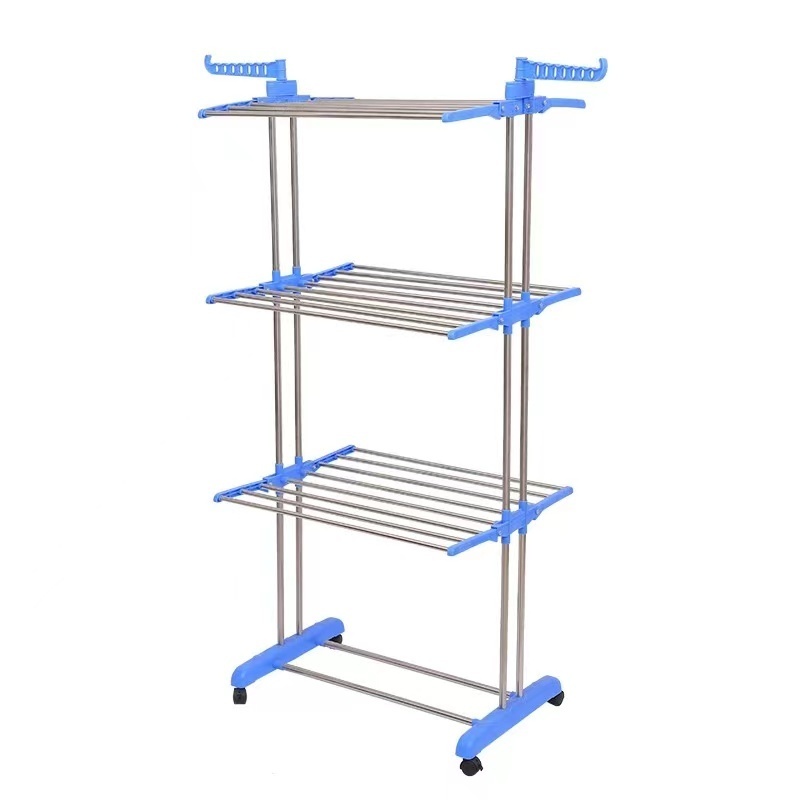 New Product 3 Tier Rolling Dryer Clothes Hanger Collapsible Garment Laundry Rack With Foldable Wings And Casters