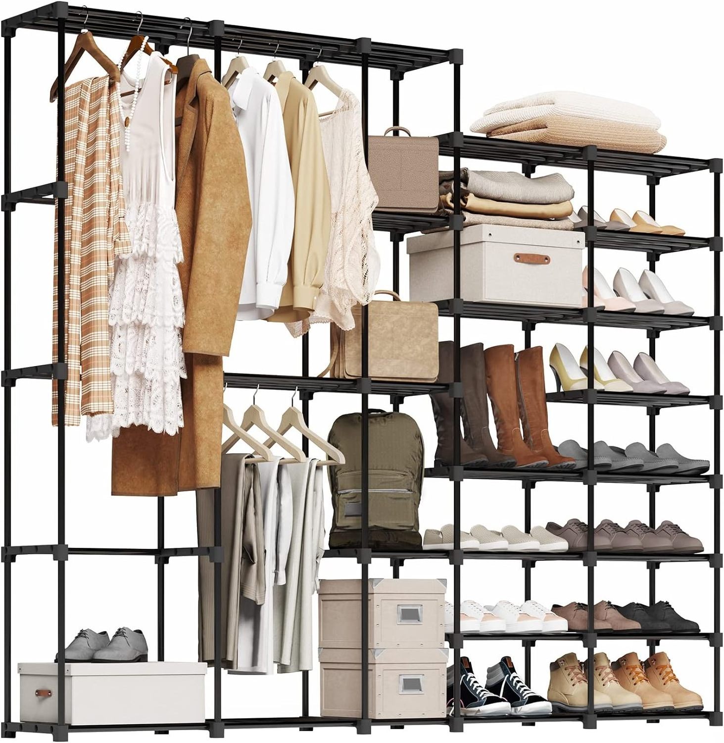 Portable Closet Wardrobe Clothes Rack with Shelves Freestanding Closet Organizer with Shoe Rack for Hanging Clothes