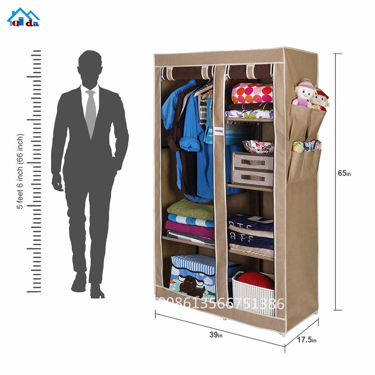 Closet Wardrobe Portable Clothes Wardrobe Storage Organizer With Metal Shelves And Dustproof Non-woven Fabric Cover