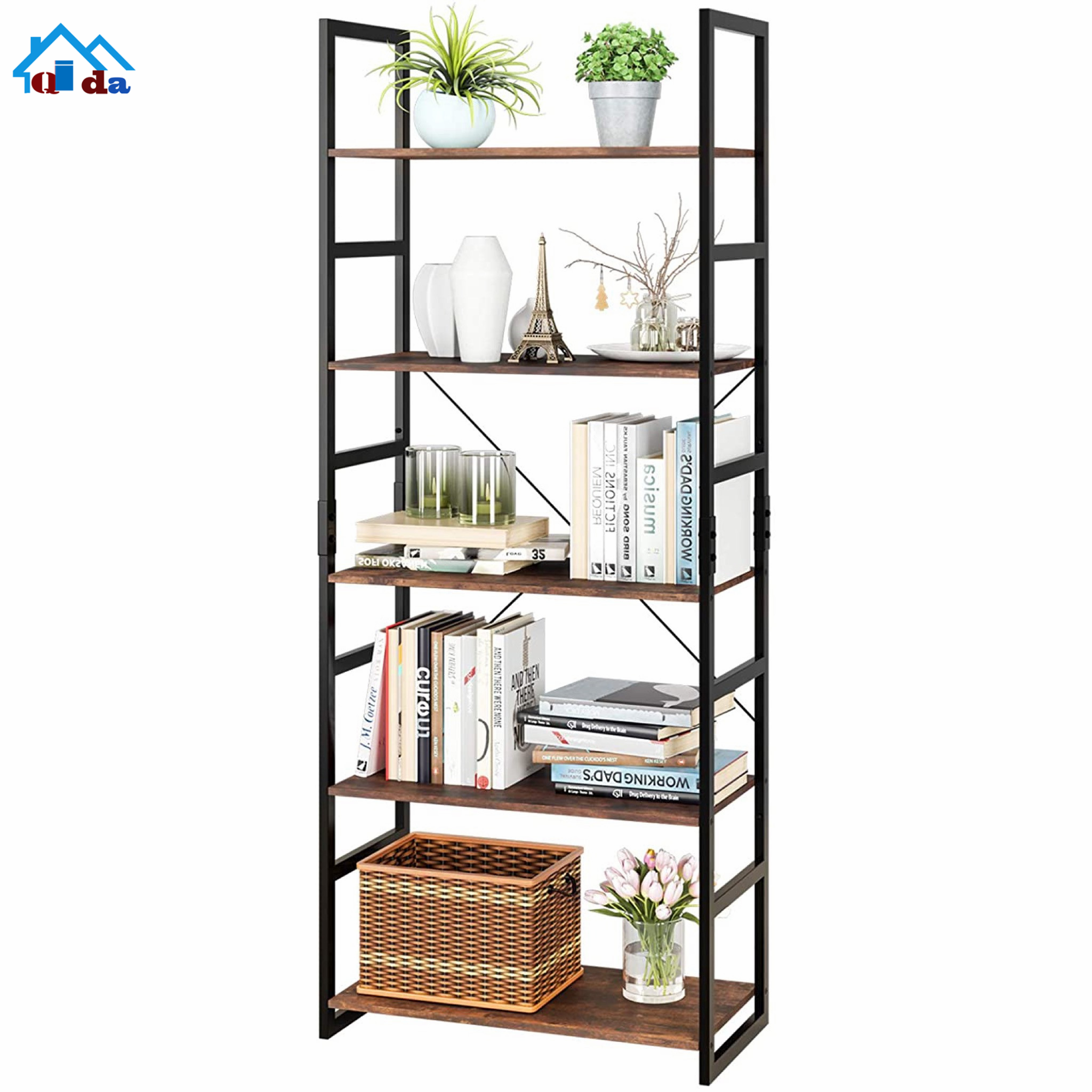 Istudy Antique Sturdy Real Natural Wood Storage Book Shelf Solid Wood Bookshelf 4 Tier Tall Open Metal Bookcase