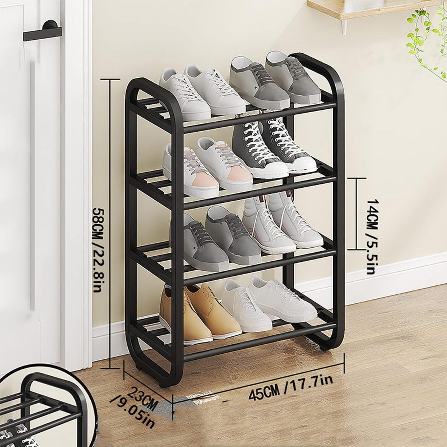 4 Tiers Shoe Rack, Black Sturdy Shoe Organizer for Closet, Shoe Storage