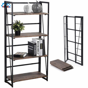 Istudy Antique Sturdy Real Natural Wood Storage Book Shelf Solid Wood Bookshelf 4 Tier Tall Open Metal Bookcase