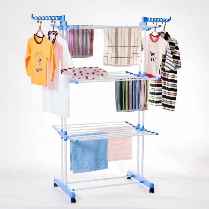 New Product 3 Tier Rolling Dryer Clothes Hanger Collapsible Garment Laundry Rack With Foldable Wings And Casters