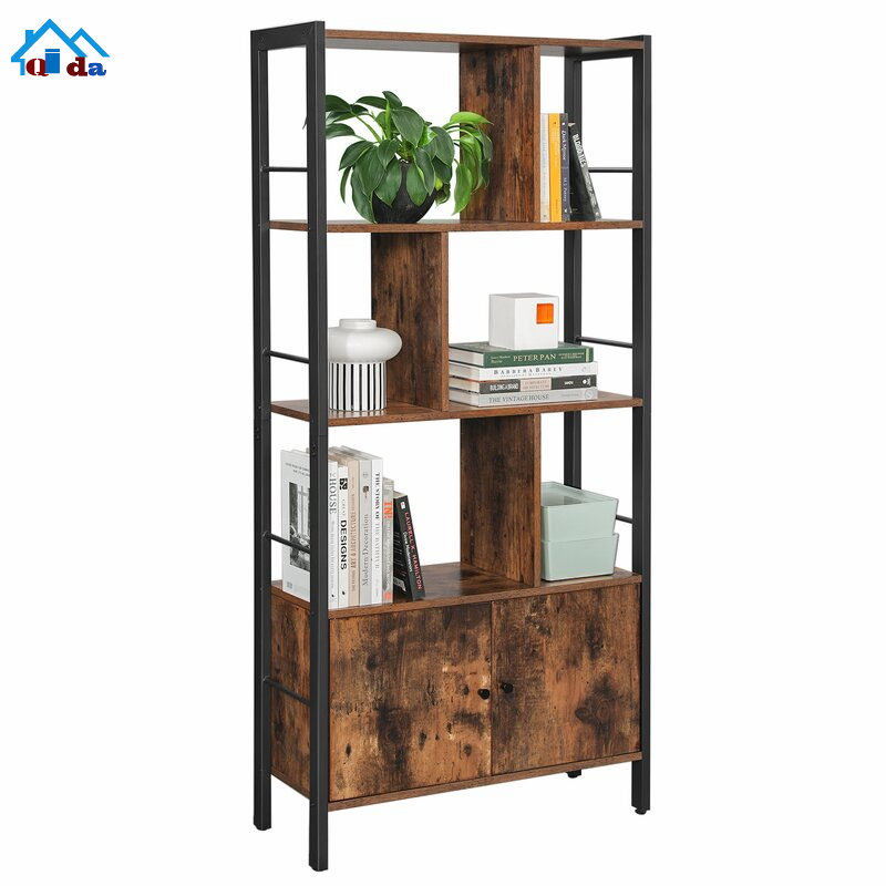 Istudy Antique Sturdy Real Natural Wood Storage Book Shelf Solid Wood Bookshelf 4 Tier Tall Open Metal Bookcase