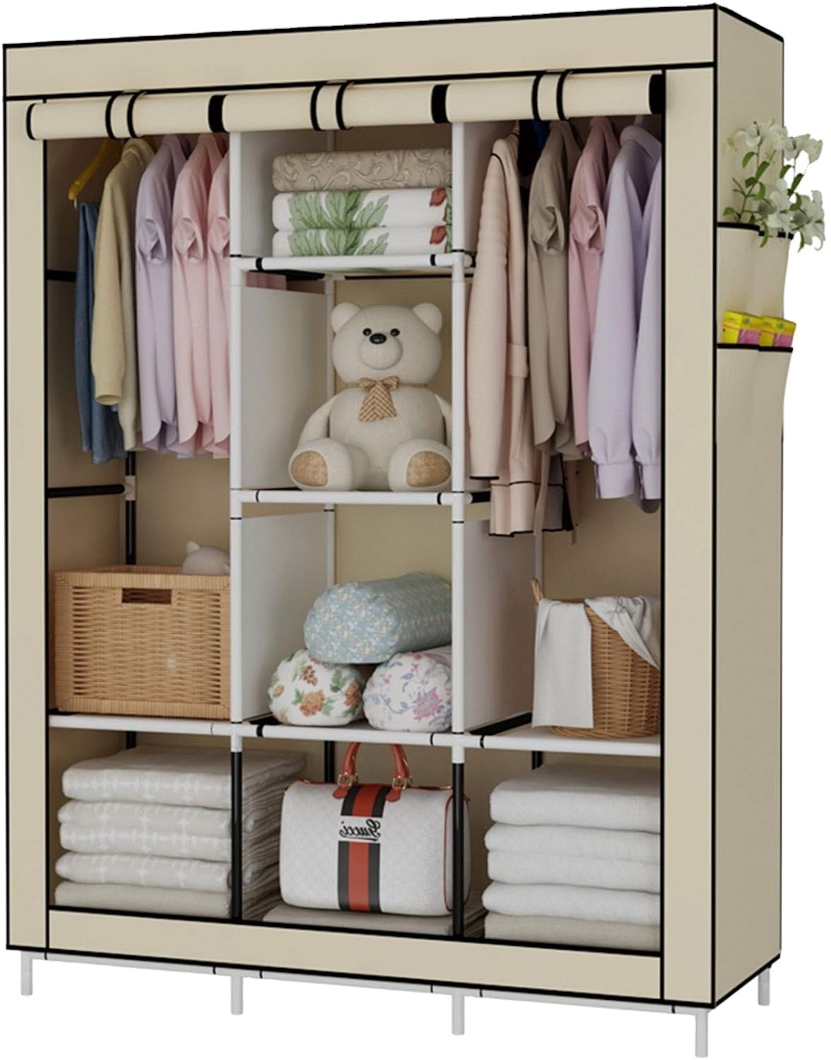 Portable Clothes Closet with 3 Drawers Boxes Closet Organizer Wardrobe Clothes Storage Rack for Home Bedroom