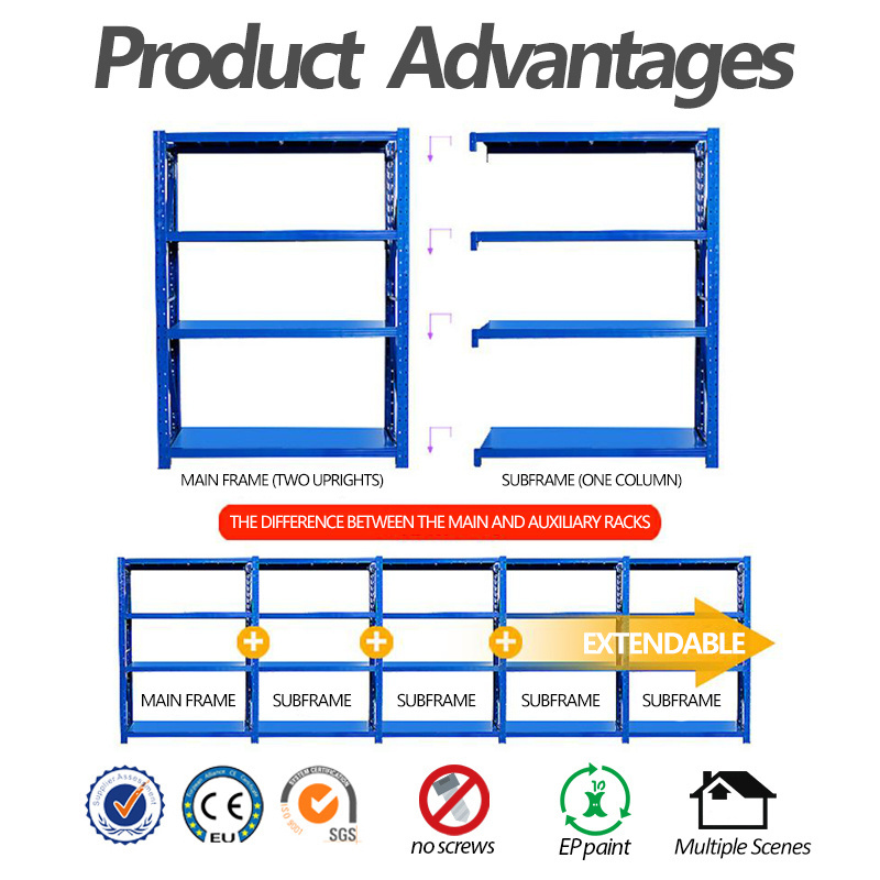 Metallic Material Garage Furniture MID Duty 4 Levels Goods Rack Stainless Steel Supermarket Shelf Racking