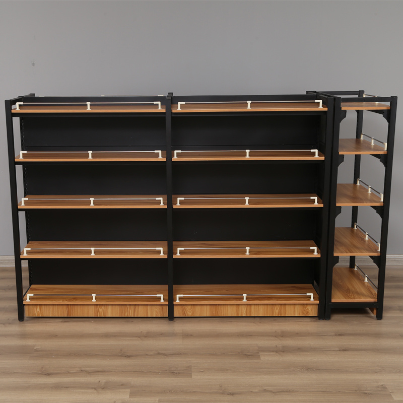 wooden supermarket shelf Steel  wood grain combined Display  store shelves retail shelf grocery rack single double side