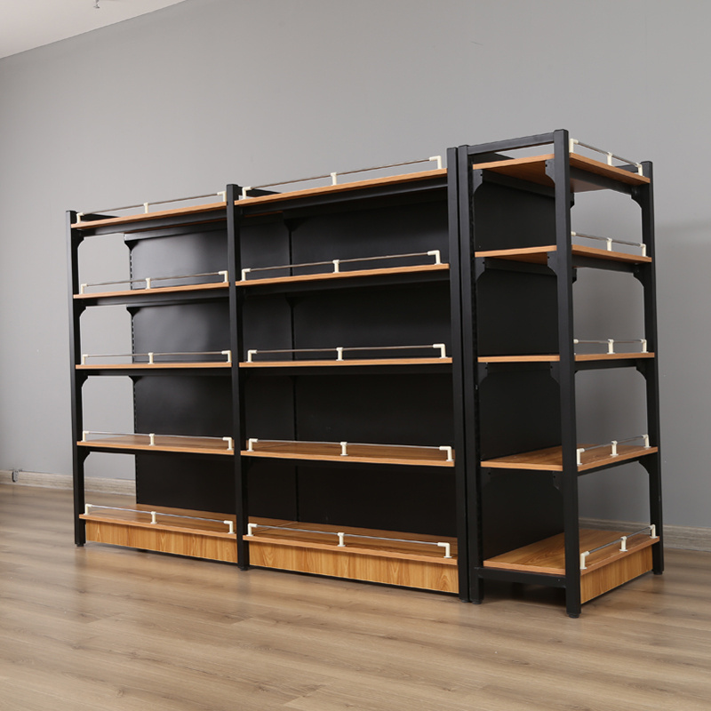 wooden supermarket shelf Steel  wood grain combined Display  store shelves retail shelf grocery rack single double side