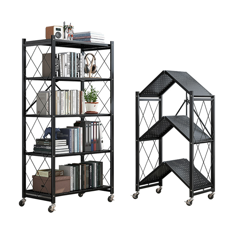 5 layers kitchen folding racks for home storage, collapsible organizer, retractable metal shelves with wheels for living room