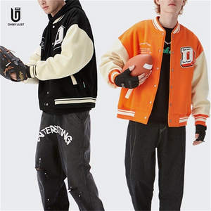 Stylish Classic Men'S Orange& White Color Blocked Bomber Jacket Fall Jersey Cotton Vintage Baseball Varsity Jacket