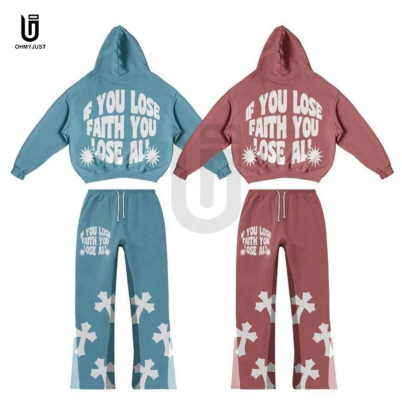 Wholesale Sweatpants And Hoodie Sets High Quality Puff Print logo Stacked Sets Sweat Suits men