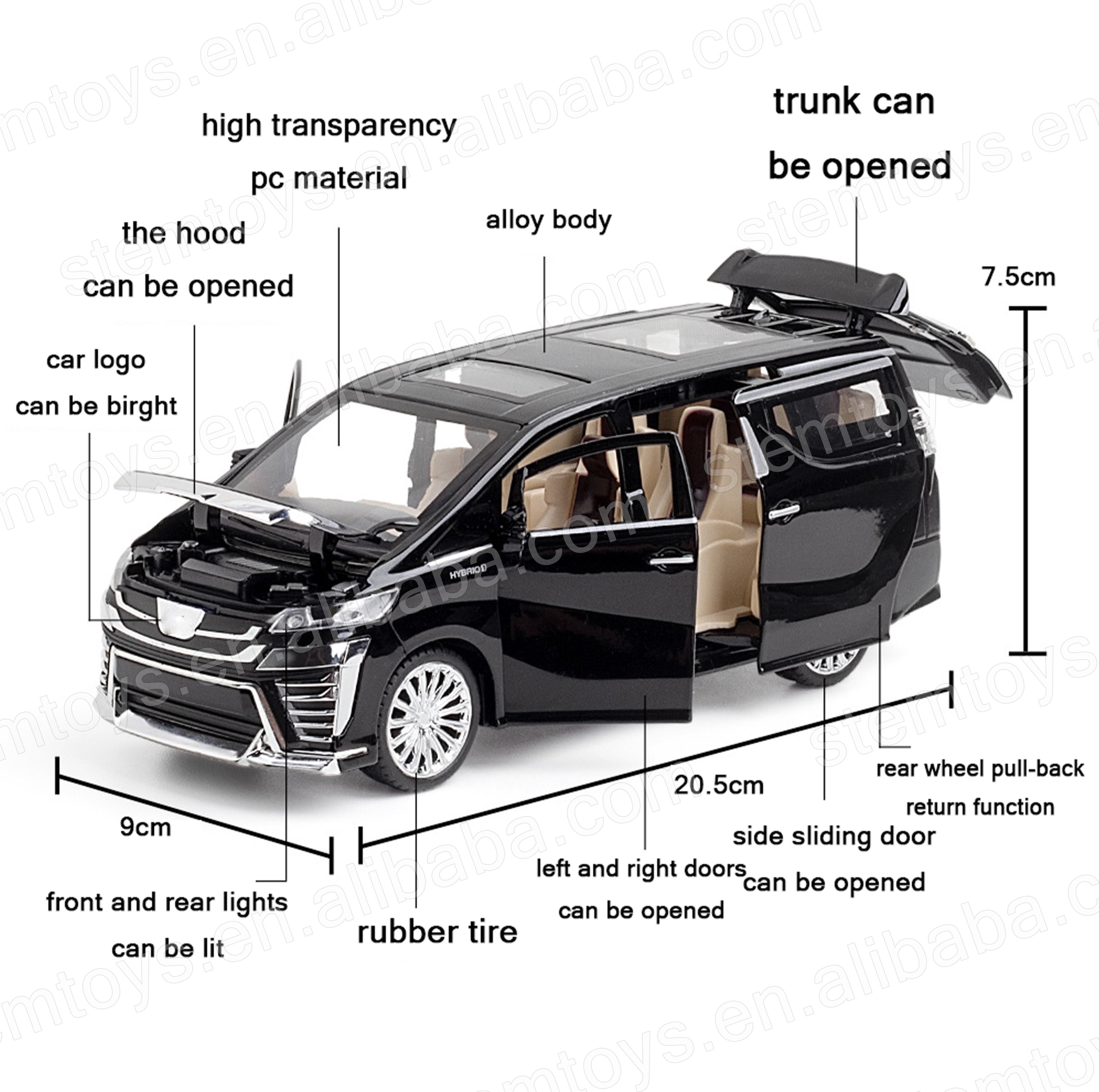 Hot sell 1:24 Vellfire Casting Alloy pull-back Car Model Metal mini car model with light and sound children