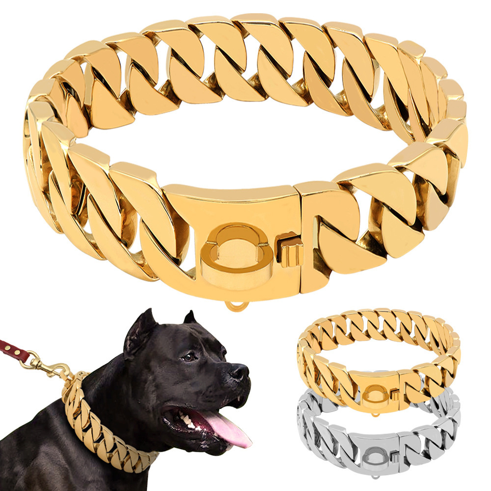 32mm Stainless Steel Luxury Gold Cuban Link Dog Chain Durable Walking Tactical Dog Collar