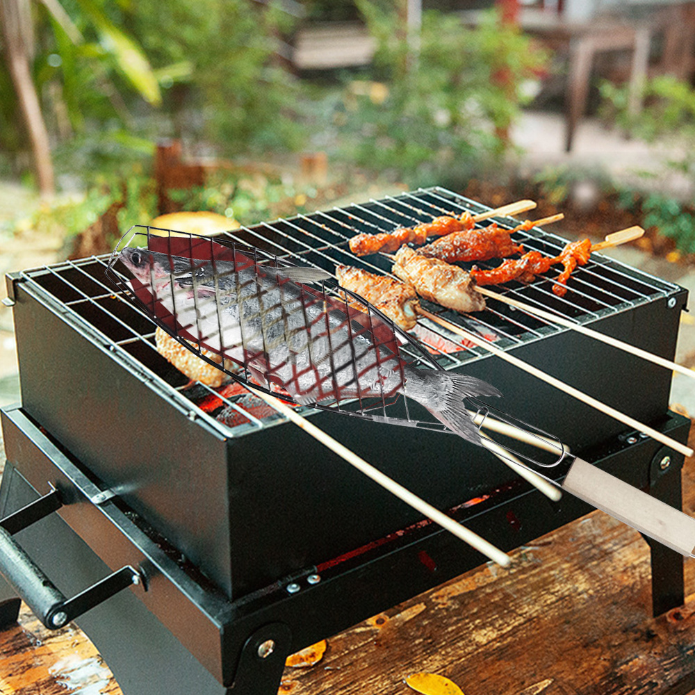 Single Fish Grilling Basket Foldable Barbecue Grilling Basket BBQ Net Steak Meat Fish Vegetable Holder With Wooden Handle