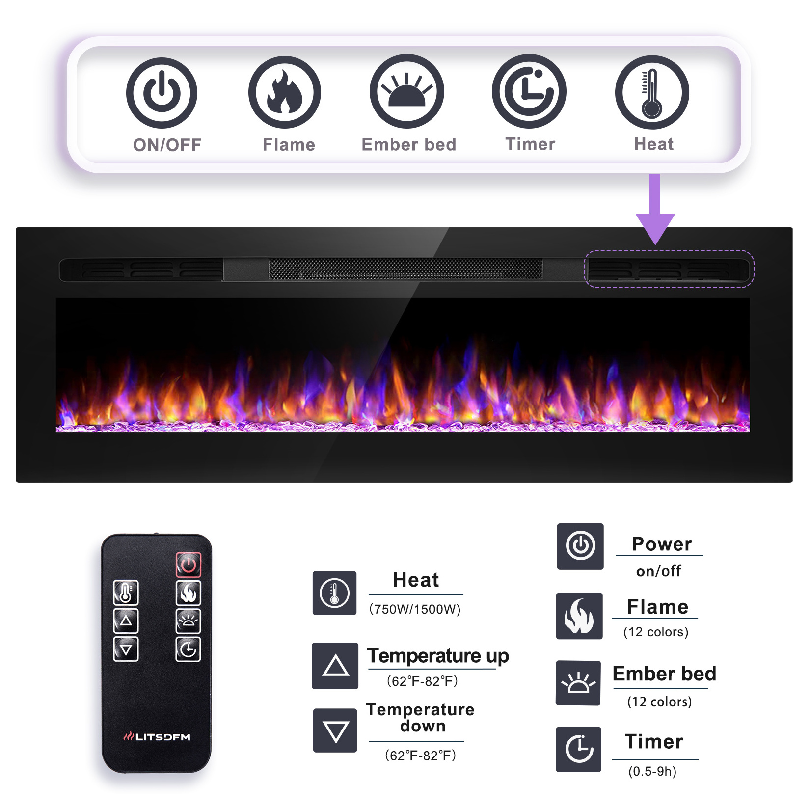 New 3D Electric Fireplaces Home Heater Indoor Stoves Recessed Wall Mounted Decor Flame Electric Fireplaces Adjustable 12 Flame