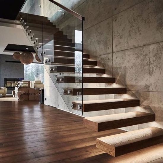 Prefabricated apartment building wood stairs design indoor floating stairs