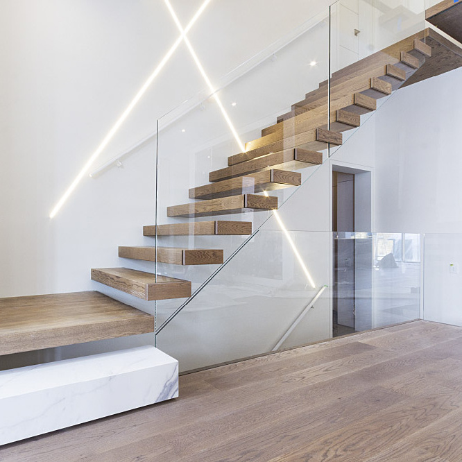 Prefabricated apartment building wood stairs design indoor floating stairs