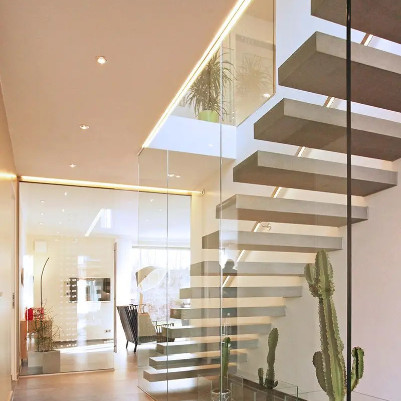 Modern design invisible steel structure natural timber wood steps floating cantilever stairs with glass railings